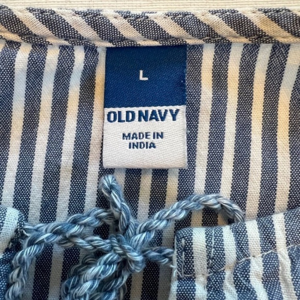 Old Navy Blue White Striped Cotton Tiered Puff Sleeve Cottage Maxi Dress Size L - Picture 2 of 7